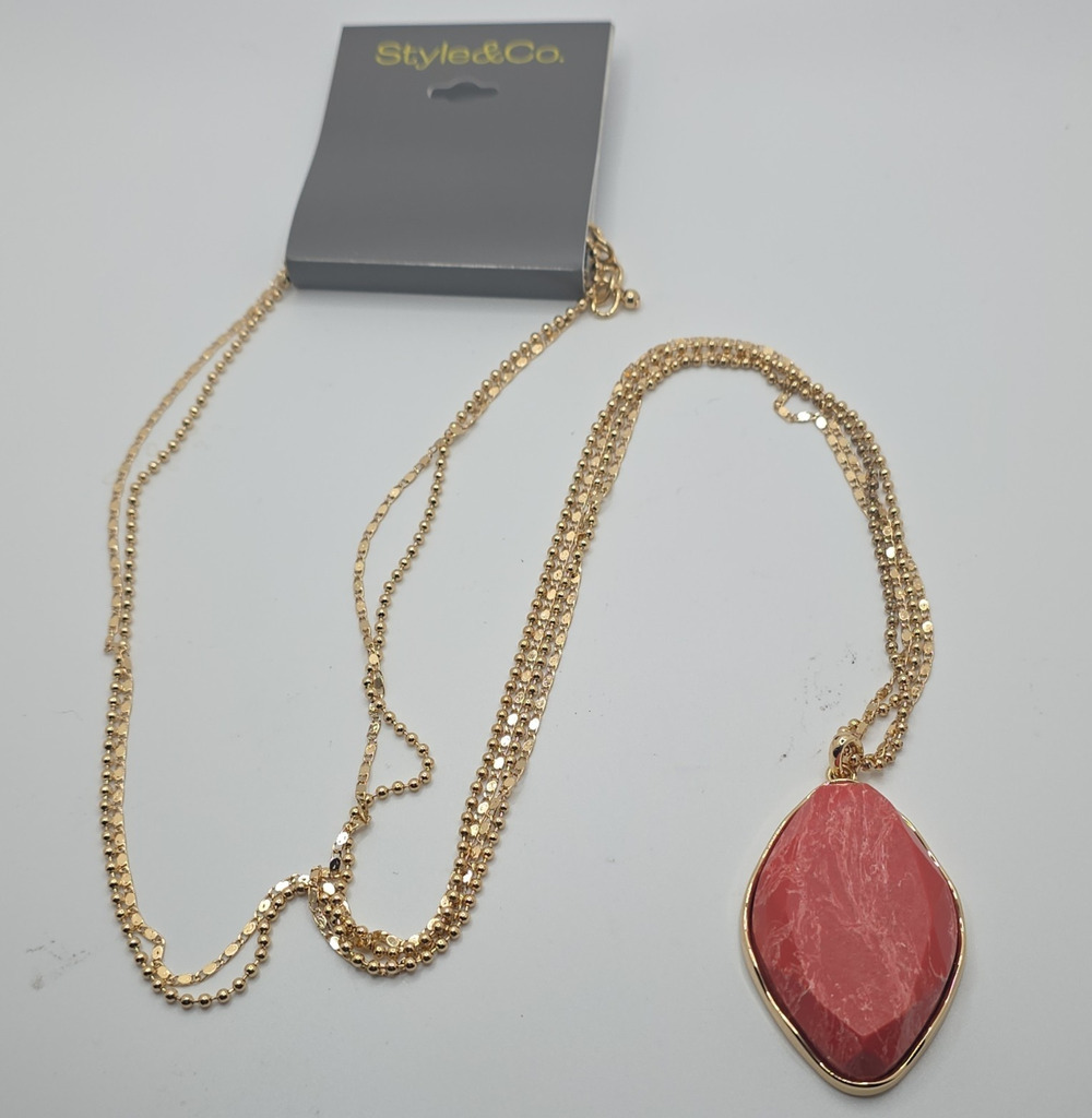 Style&Co. Gold Tone Layered Multi Chain Necklace Oval Red Bezel Pendant